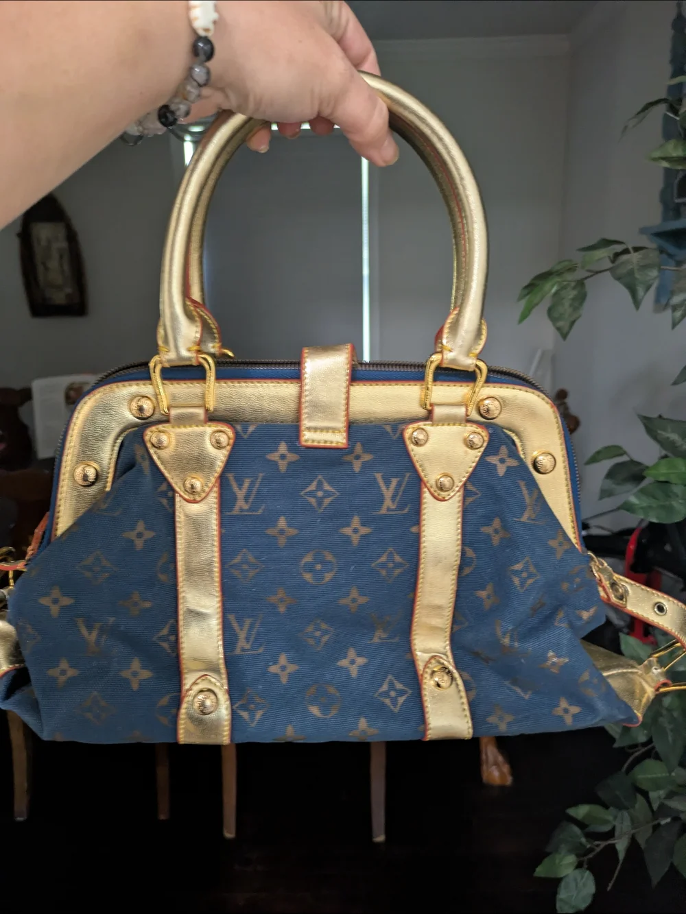 Louis Vuitton Navy Monogram Canvas Satchels And with Gold Leather Trim